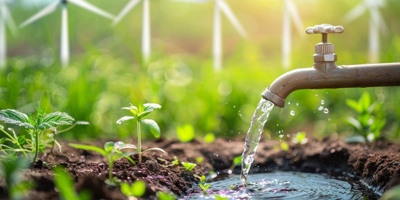 Water flows from a faucet onto sprouting plants, with wind turbines in the background under a sunny sky illustration by generative ai